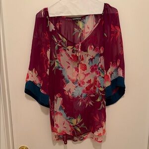 Express Sheer Floral Blouse - Purple and Teal
